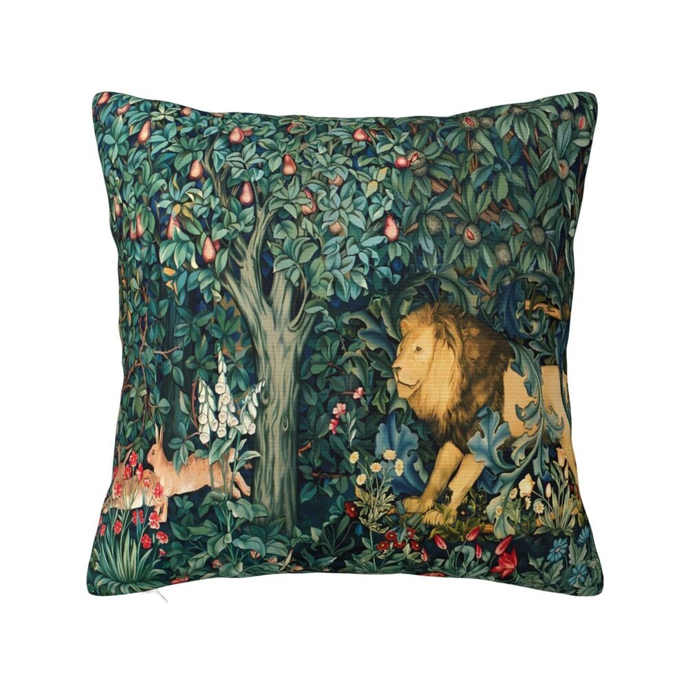 2589 William Morris Animals Lion and Hares Blue Green Floral Throw Pillow